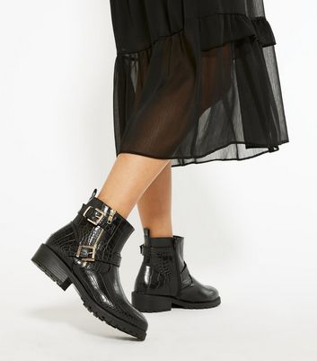 new look croc pu chunky ankle boot in black