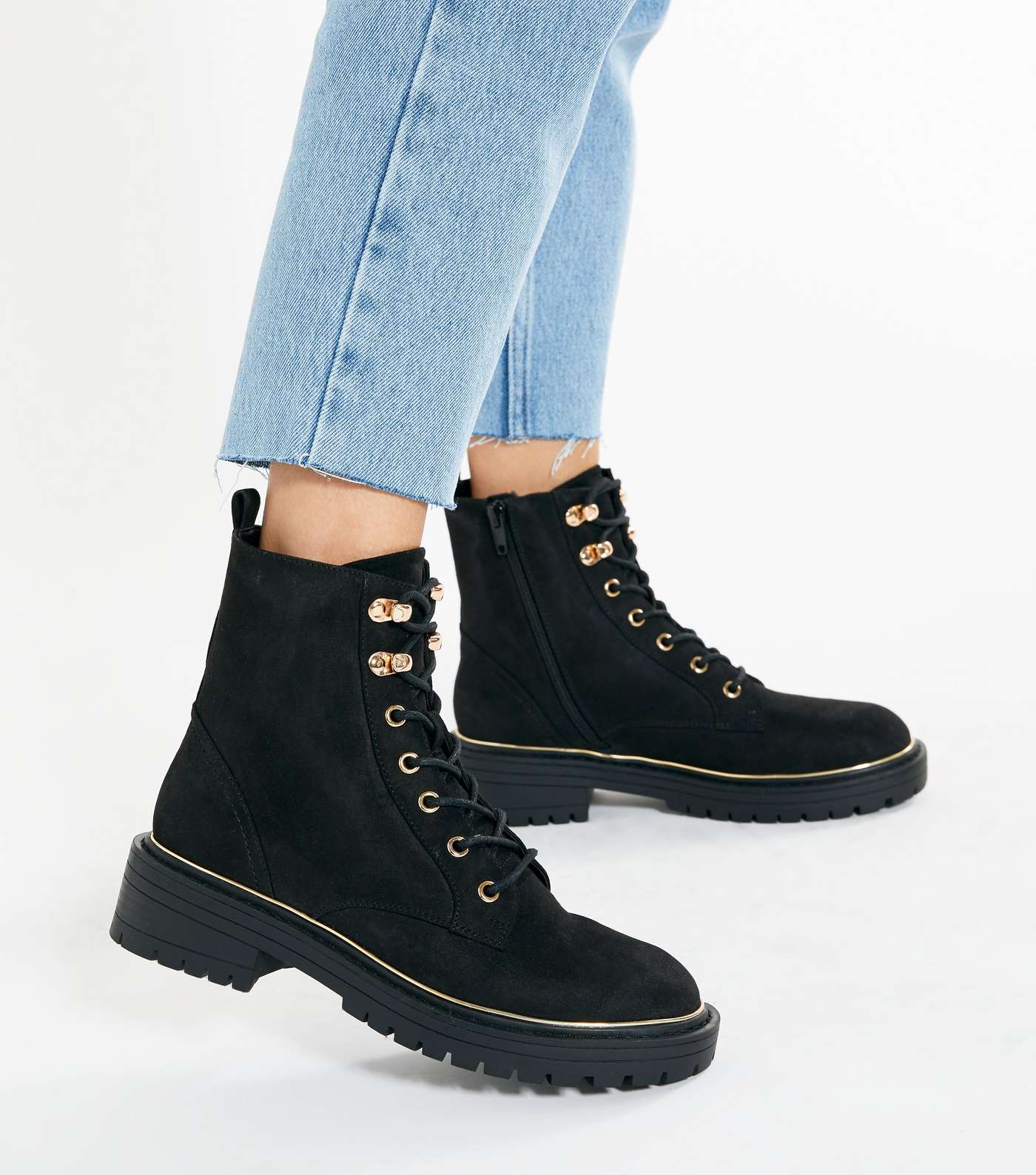 Black Suedette Metal Trim Lace Up Chunky Boots