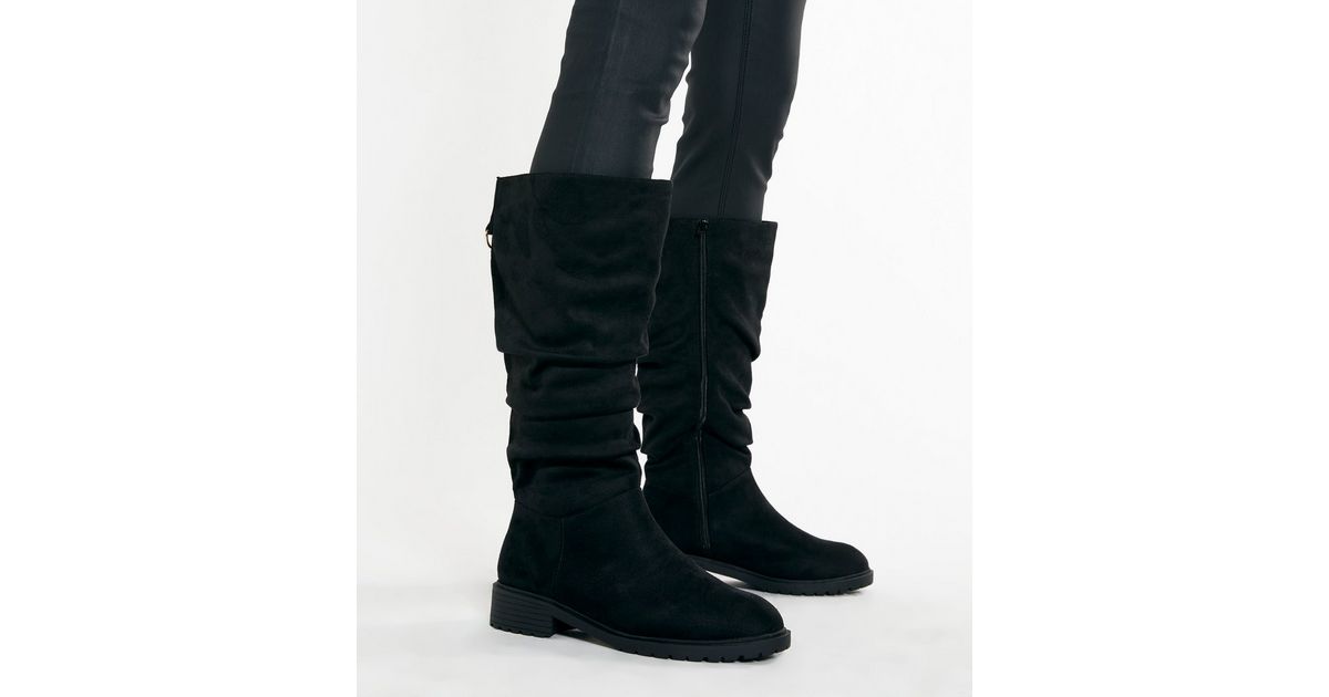 Wide Fit Black Suedette Slouch Knee High Boots | New Look