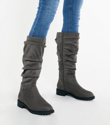 Wide Fit Grey Suedette Slouch Knee High Boots New Look