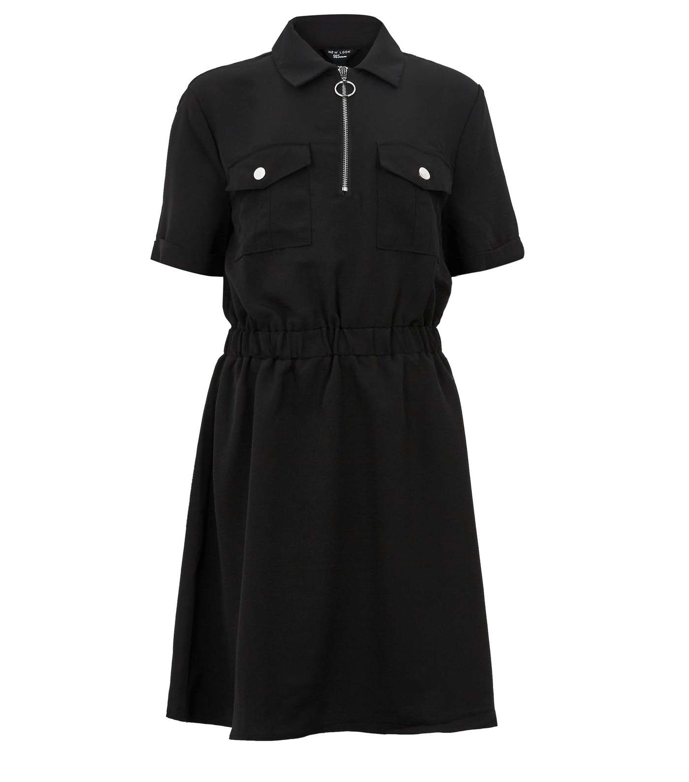 Girls Black Ring Zip Utility Pocket Shirt Dress
