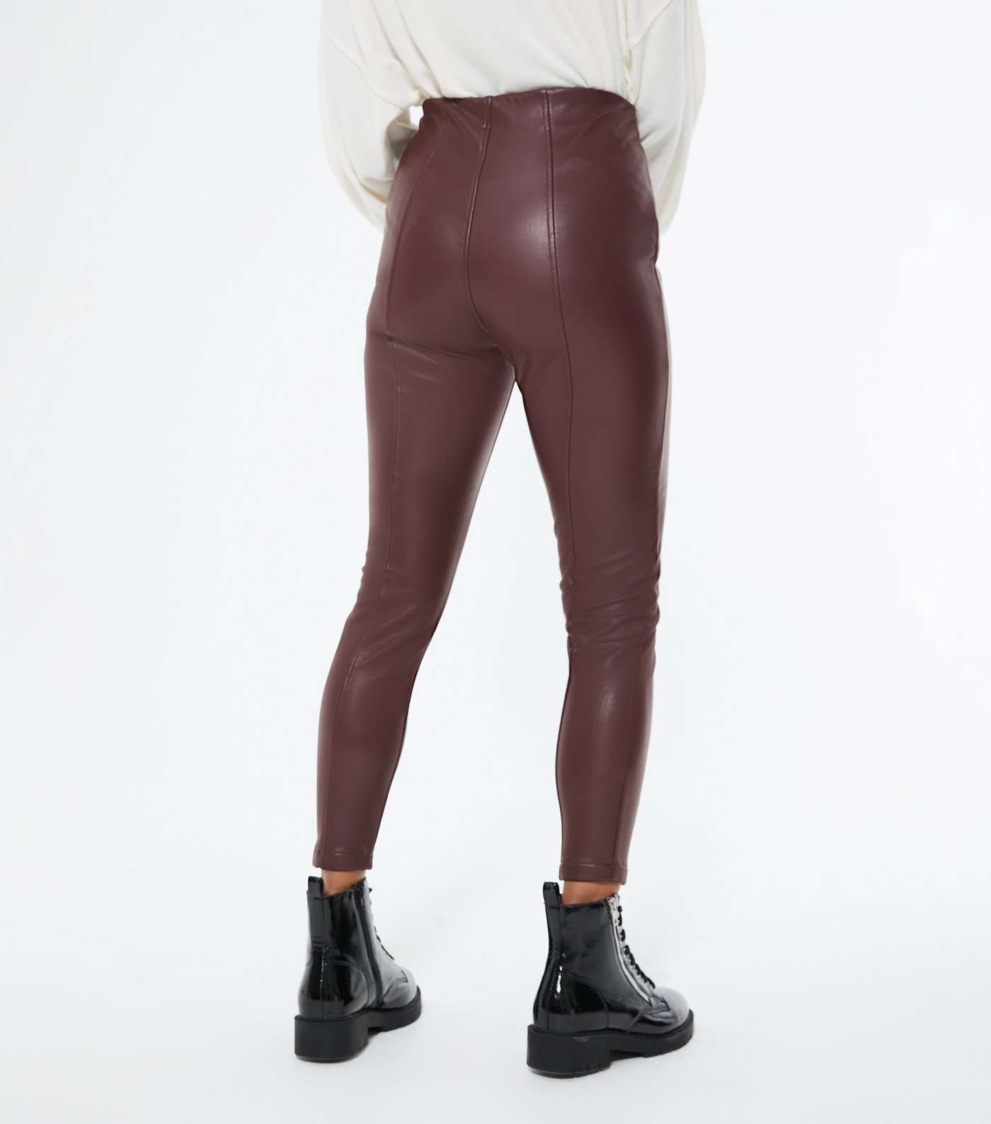 Petite Burgundy Seamed Leather-Look Leggings Image 3