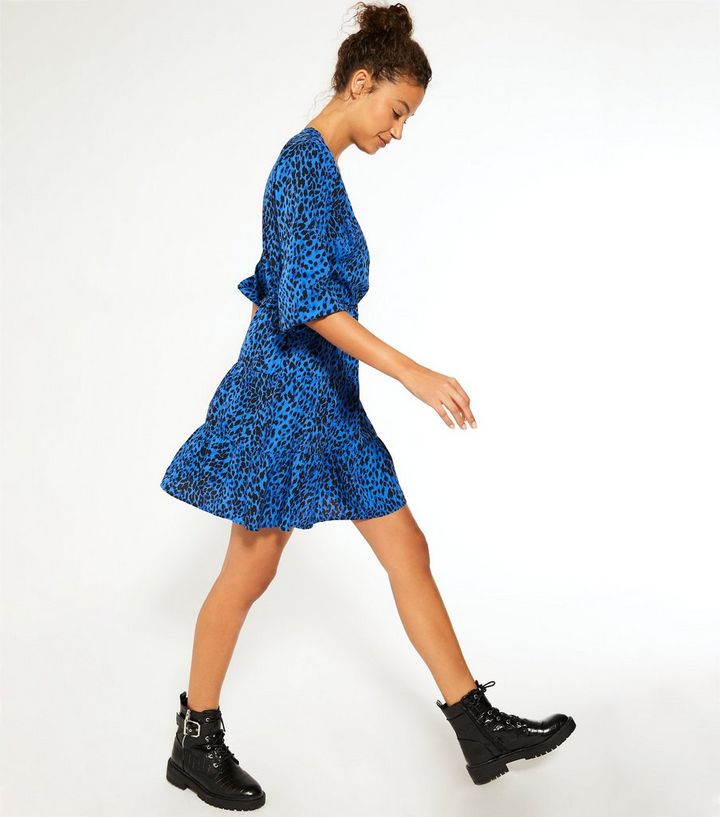 Tall Blue Leopard Print Tiered Ruffle Wrap Dress | New Look