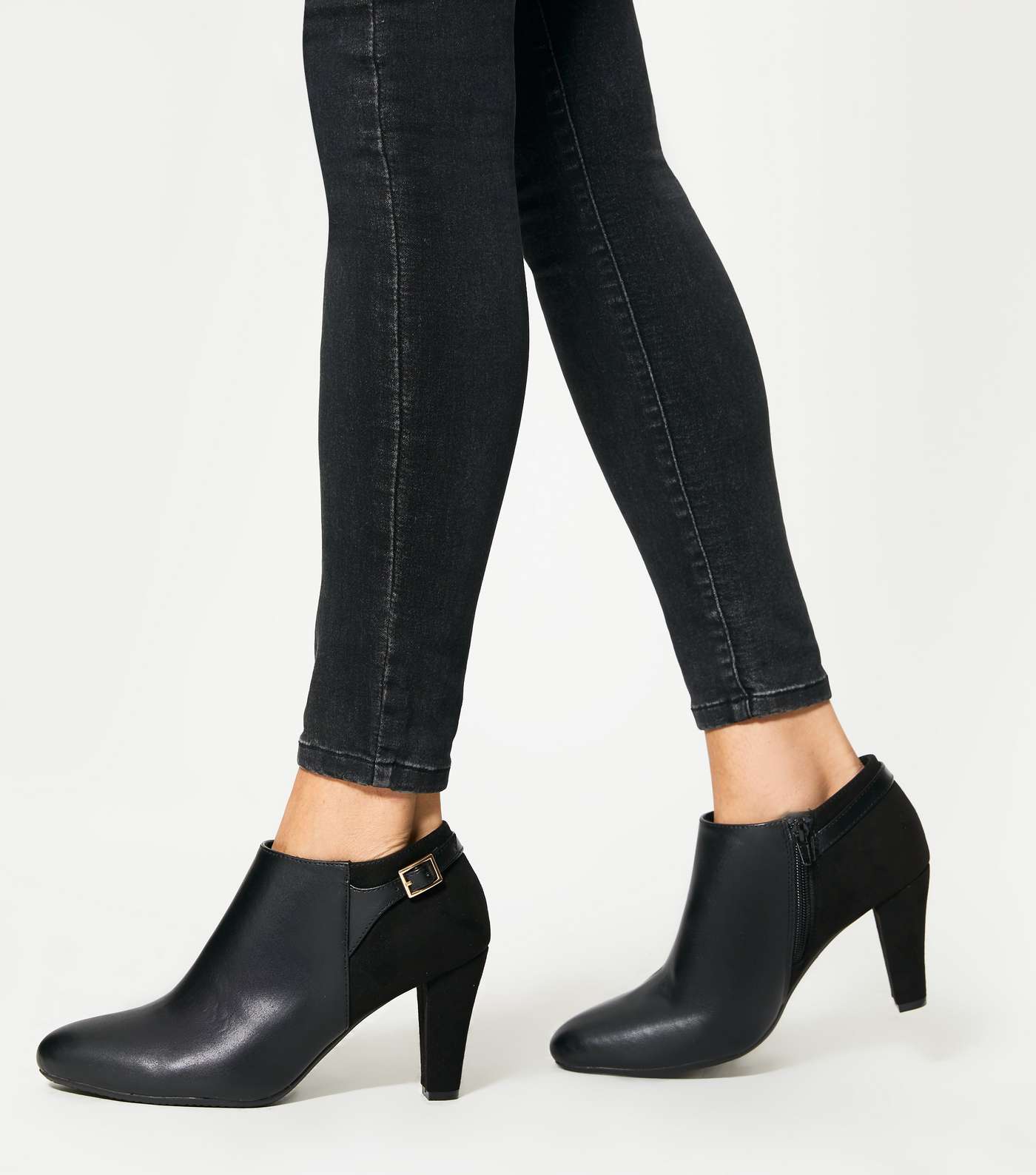 Black Leather-Look Cone Heel Shoe Boots