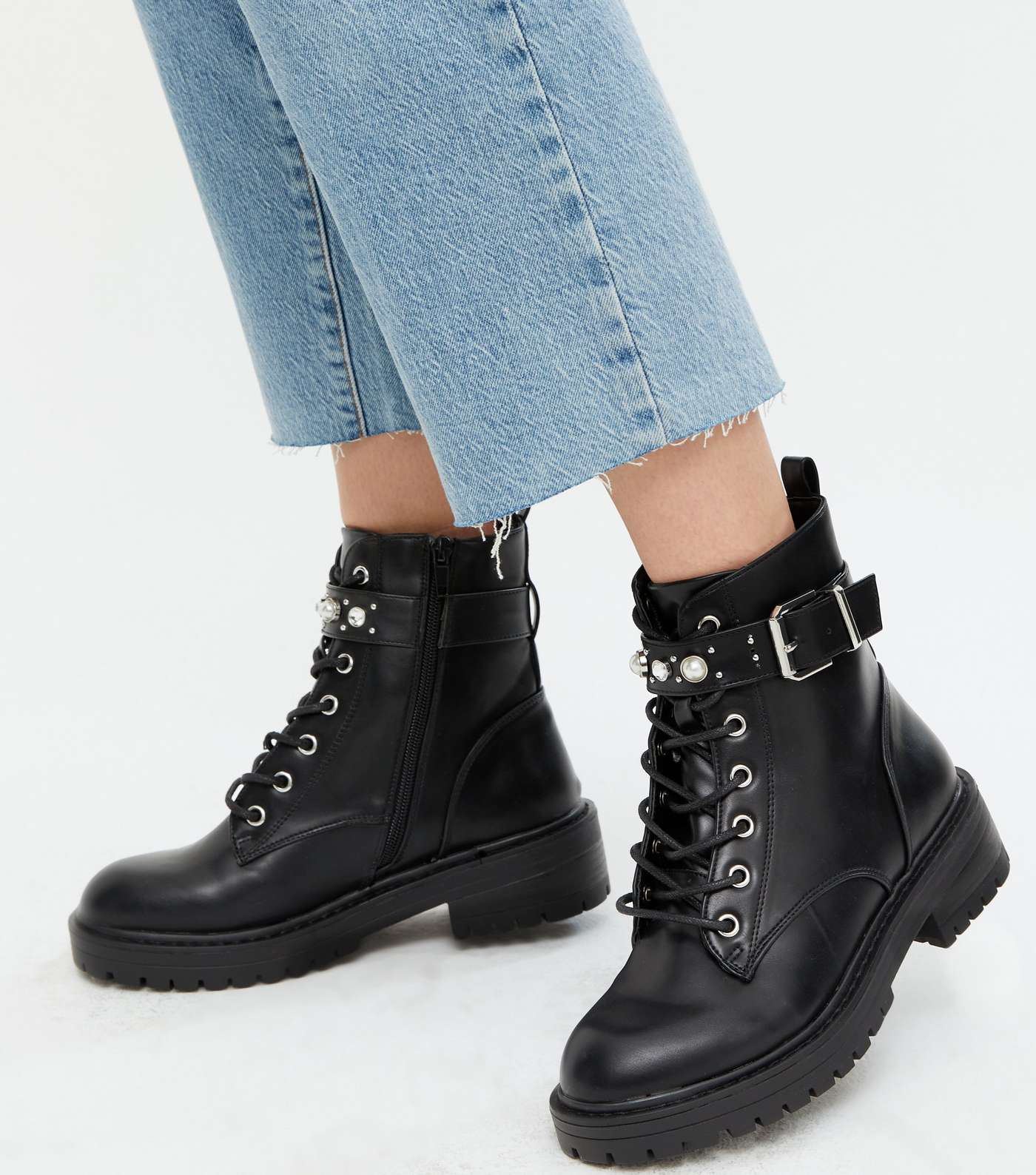 Black Leather-Look Stud Lace Up Ankle Boots  Image 2