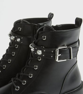 Image of Black Leather-Look Stud Lace Up Ankle Boots New Look Vegan