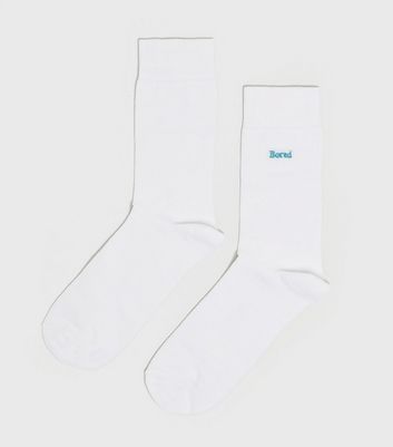 Image of White Bored Embroidered Slogan Socks New Look