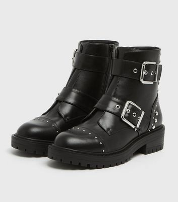 Black Stud Buckle Chunky Biker Boots New Look