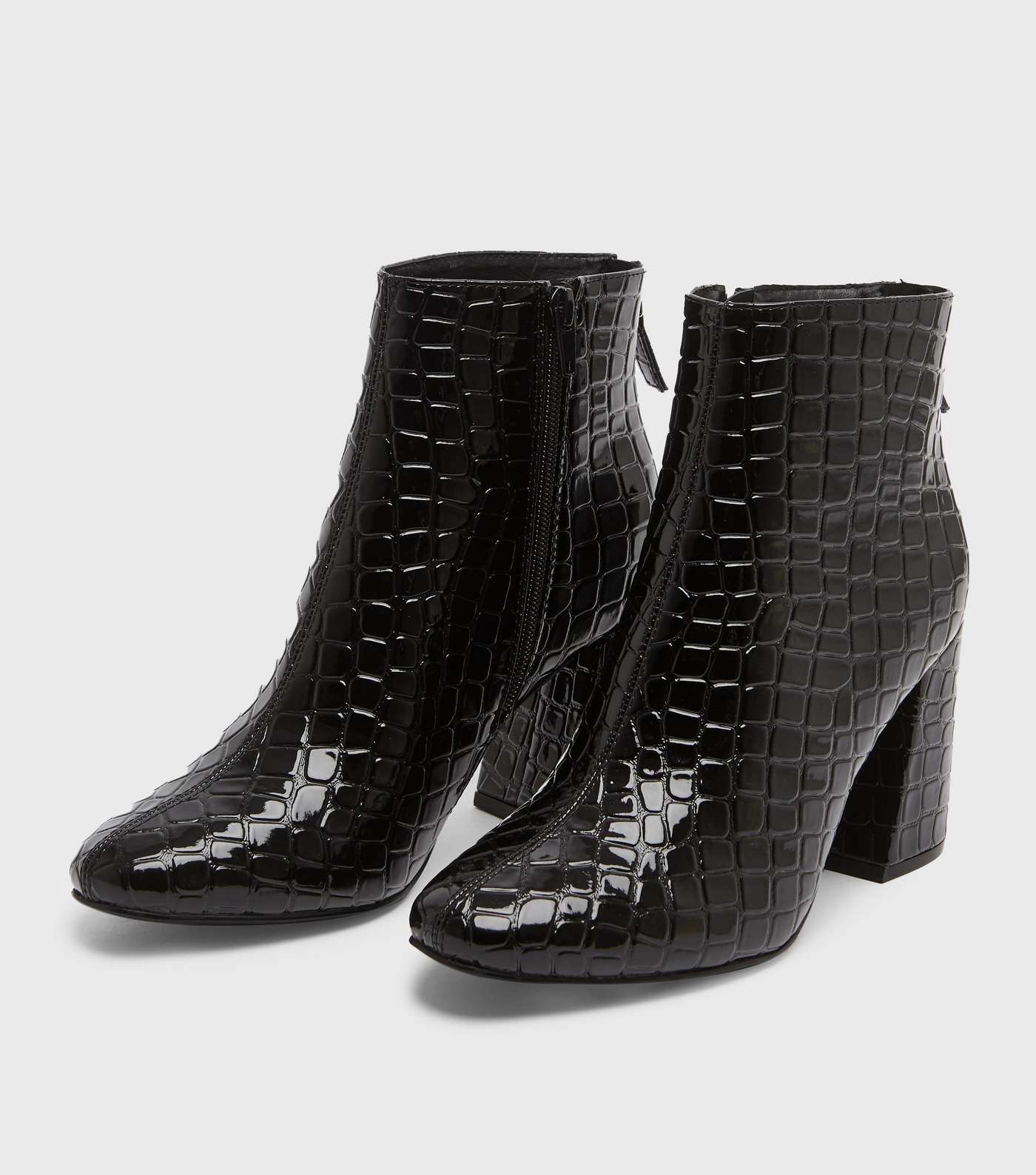 Wide Fit Black Faux Croc Block Heel Boots Image 2