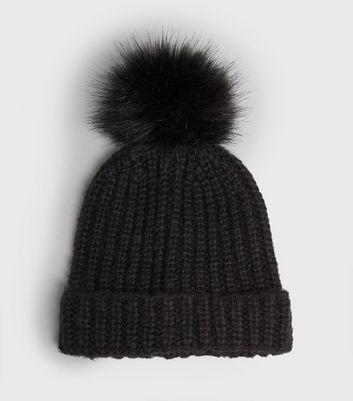 black faux fur bobble hat