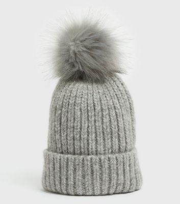 Grey Faux Fur Bobble Ribbed Knit Hat 
