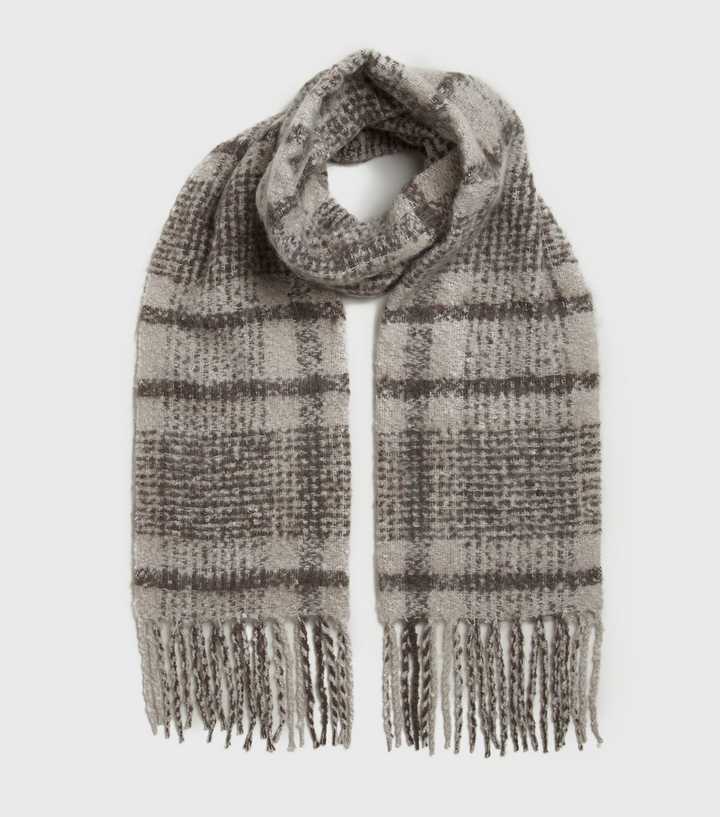 Grey Check Soft Knit Tassel Scarf