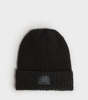 Image of Black Ribbed Knit Tab Front Beanie New Look