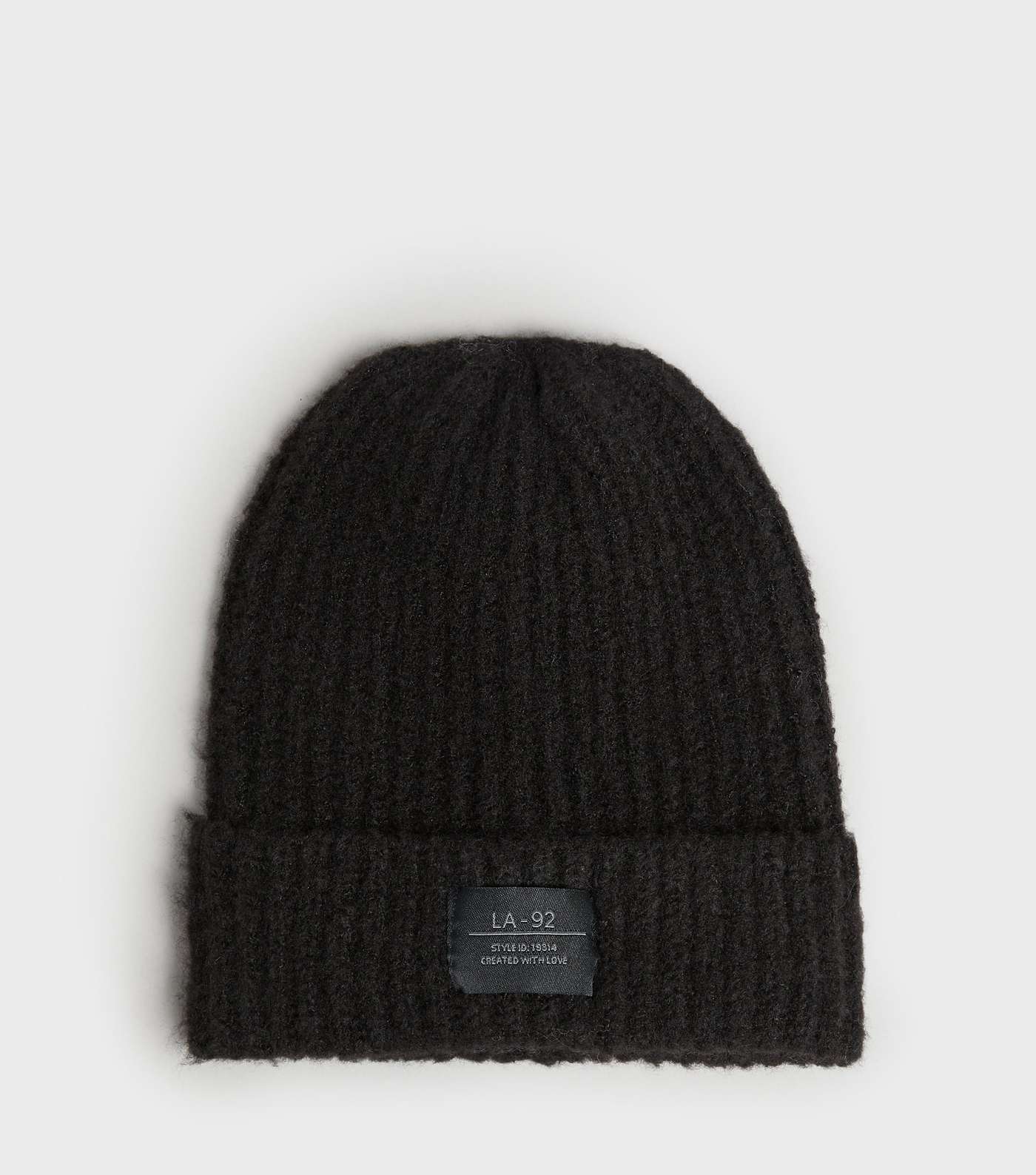 Black Ribbed Knit Tab Front Beanie 