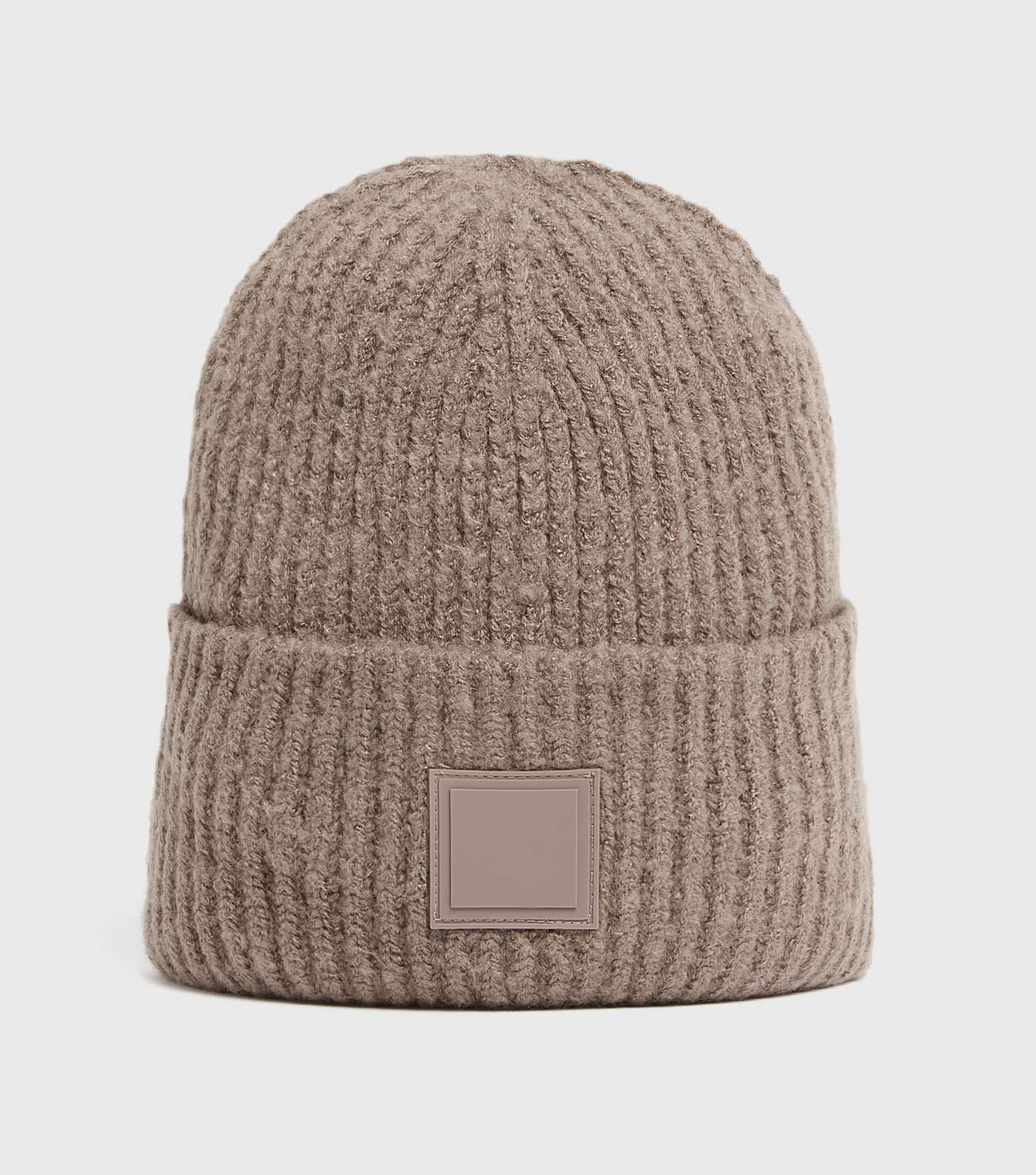 Light Brown Tab Front Chunky Knit Beanie 
