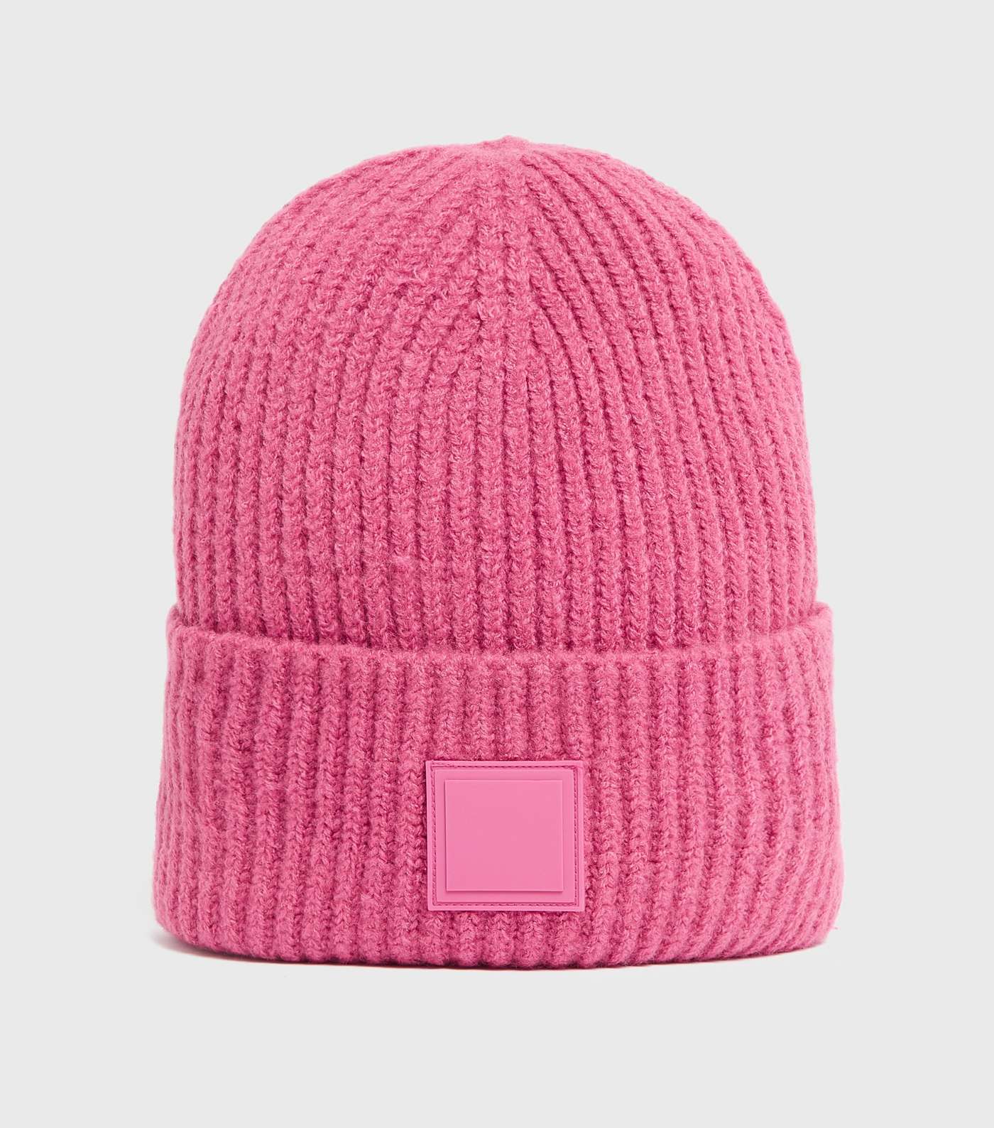 Bright Pink Tab Front Chunky Knit Beanie
