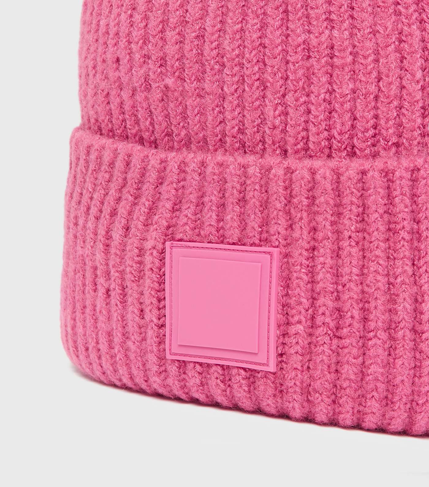Bright Pink Tab Front Chunky Knit Beanie Image 3