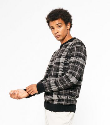 Image of Dark Grey Check Crew Neck Jumper New Look
