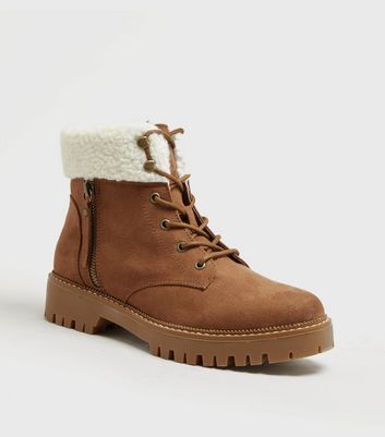 Tan Suedette Teddy Trim Chunky Lace Up 