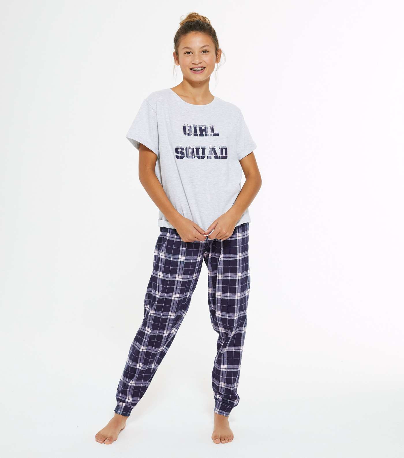 Girls Light Grey Girls Squad Slogan Check Jogger Pyjama Set