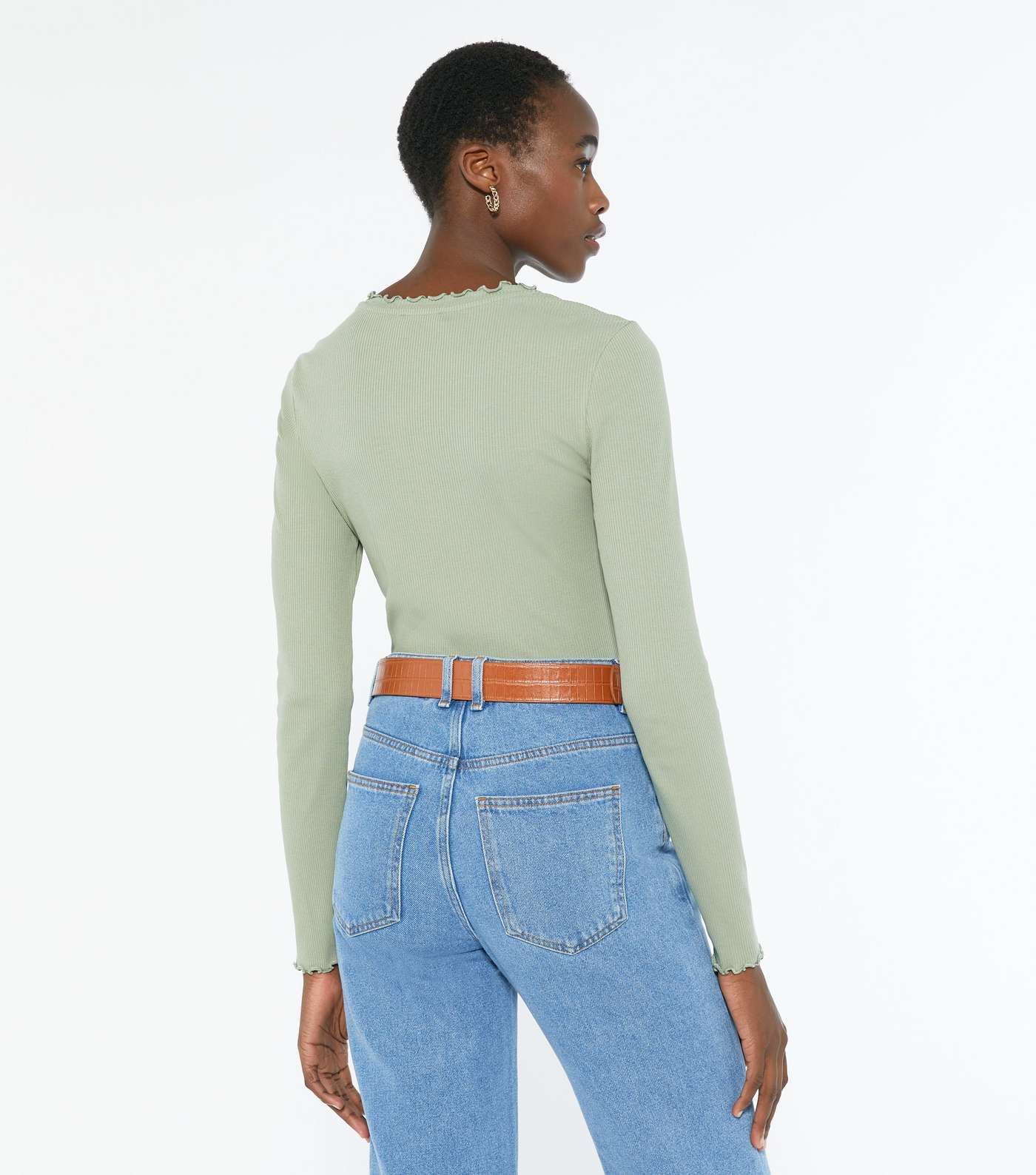 Tall Light Green Ribbed Frill Trim Long Sleeve Top Image 3