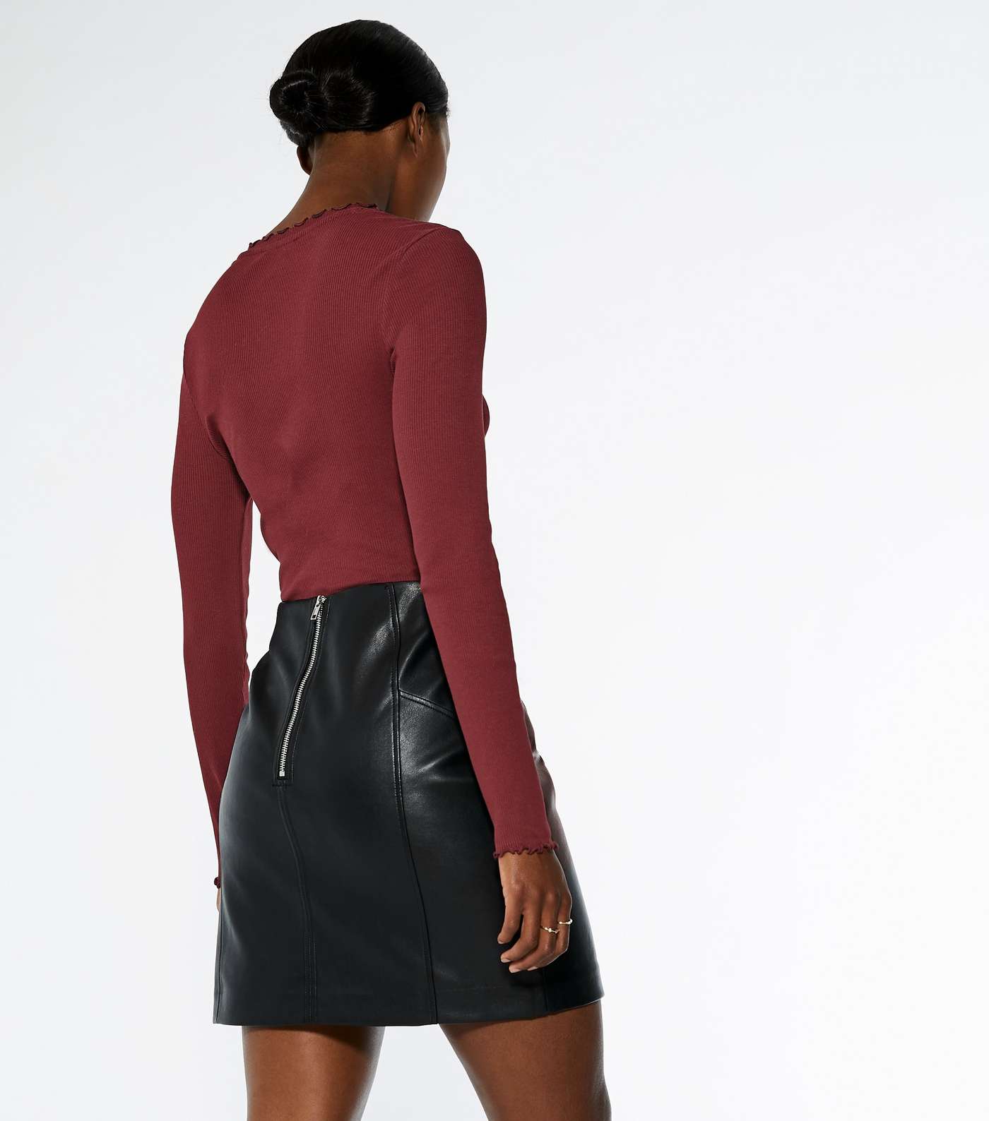 Tall Burgundy Ribbed Frill Trim Long Sleeve Top Image 3