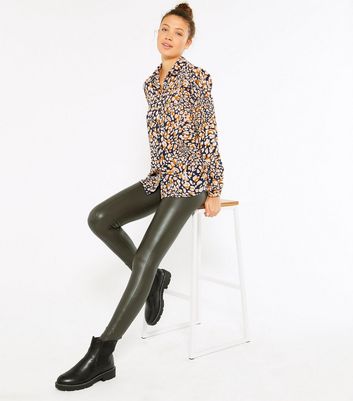 Tall Khaki Leather-Look Zip Leggings 