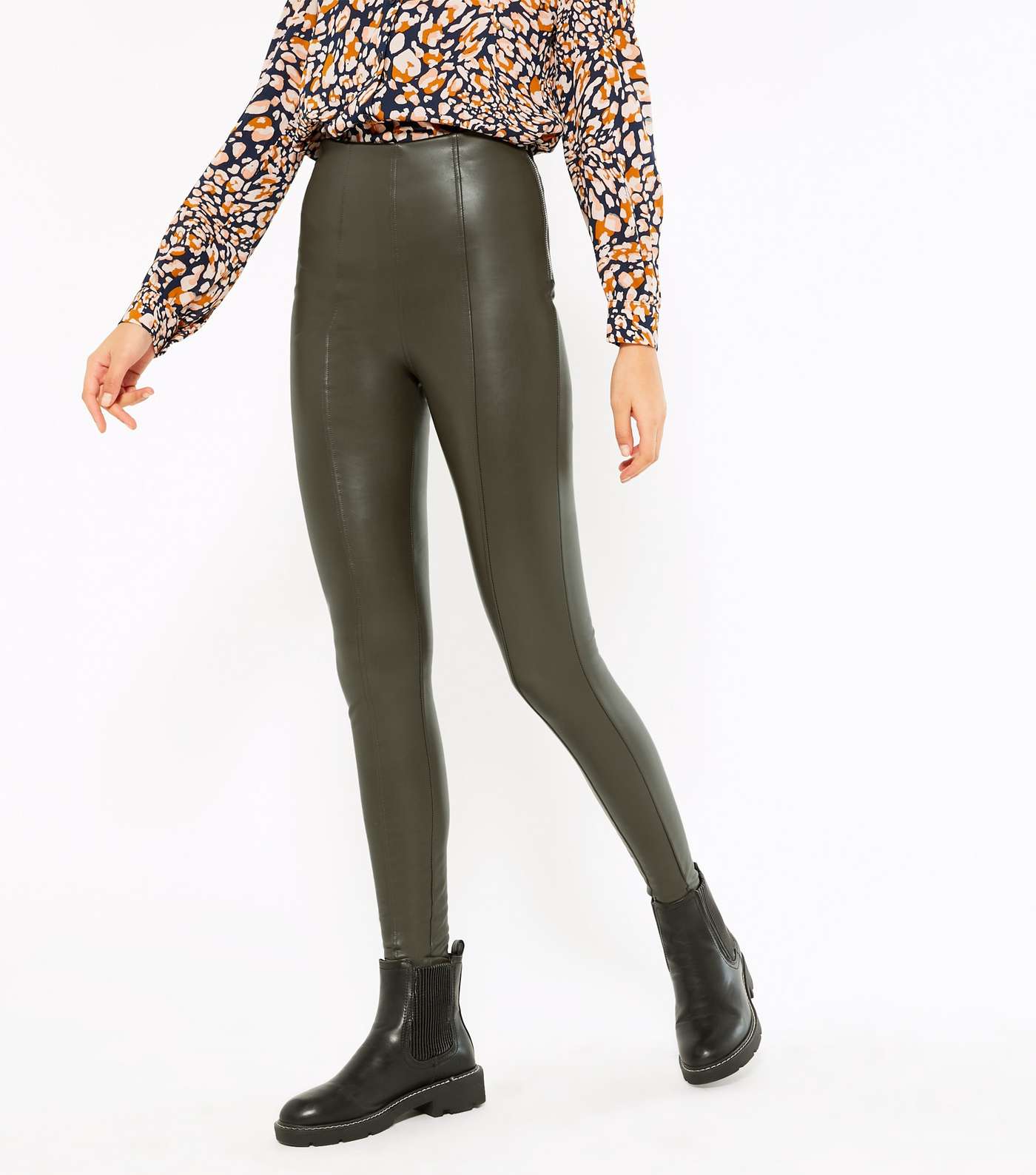Tall Khaki Leather-Look Zip Leggings Image 2