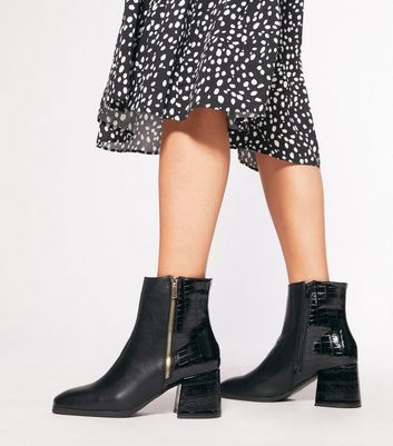new look pointed block heeled boots in black croc