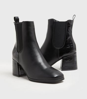 Image of Black Faux Croc Panel Flared Heel Chelsea Boots New Look