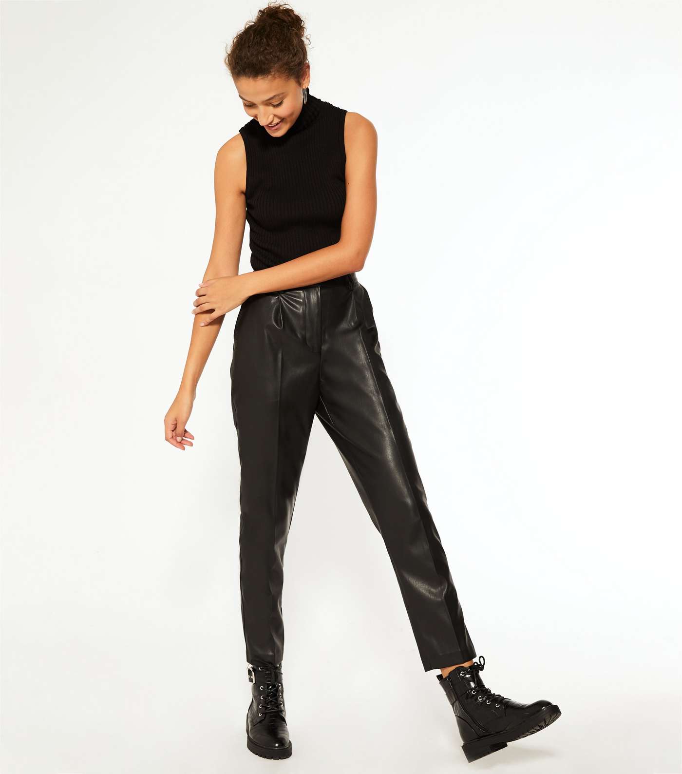 Tall Black Leather-Look Tapered Trousers