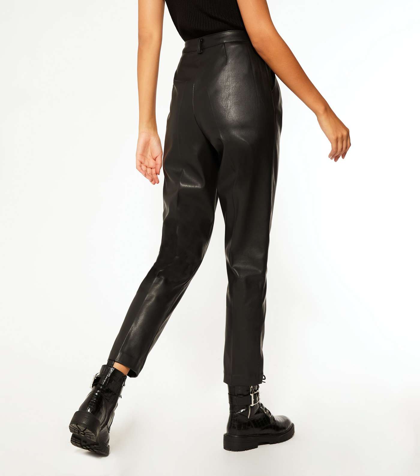 Tall Black Leather-Look Tapered Trousers Image 3
