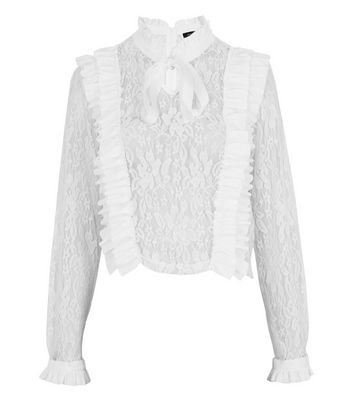 White Lace Frill Trim Tie Neck Blouse | New Look
