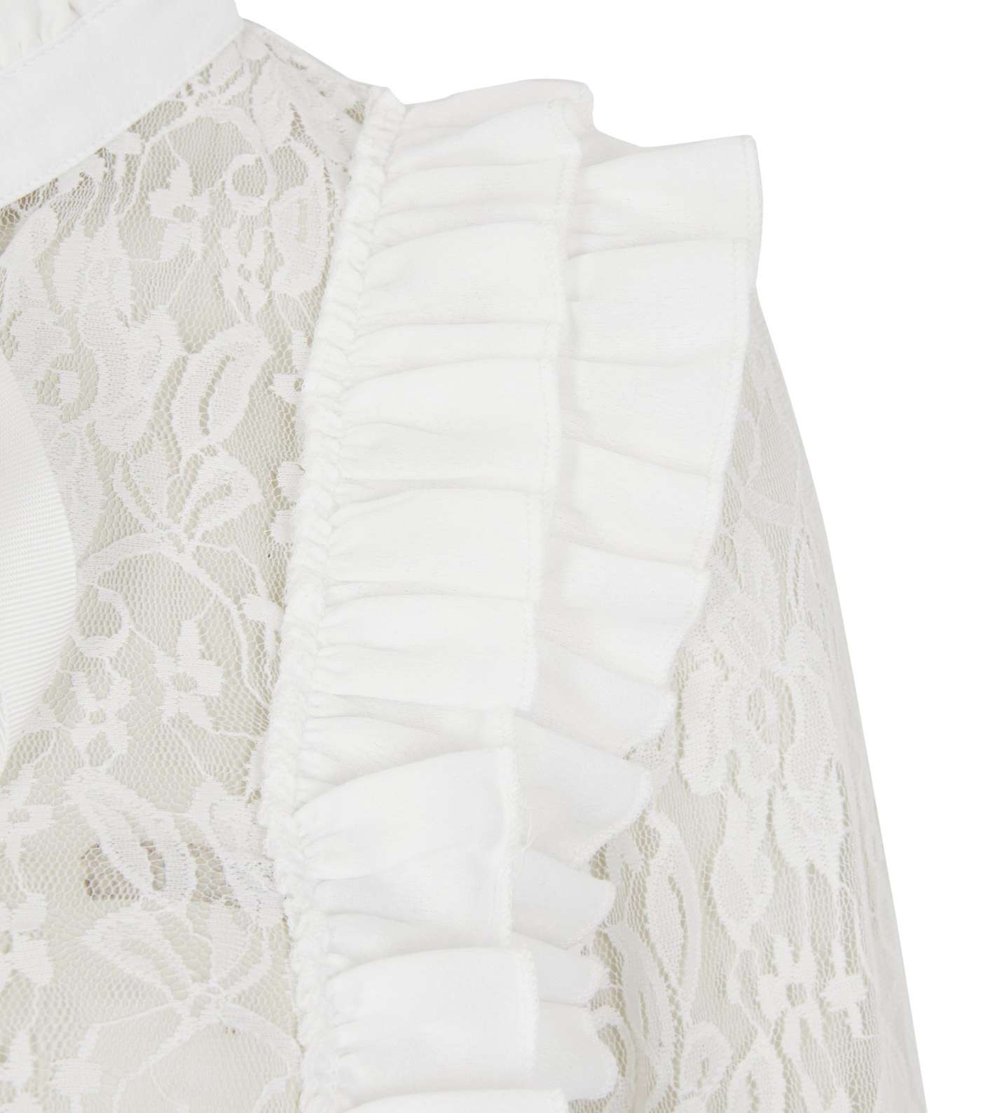 White Lace Frill Trim Tie Neck Blouse Image 3