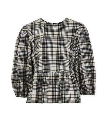 Cream Crinkle Check Puff Sleeve Peplum 