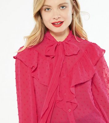 Bright Pink Tie Neck Chiffon Spot Blouse | New Look
