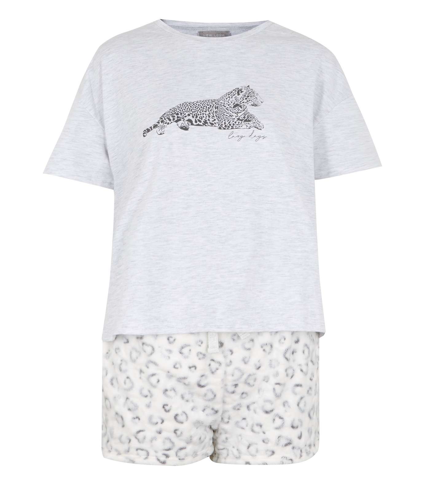 Light Grey Leopard Print Fleece Short Pyjama Set Image 5