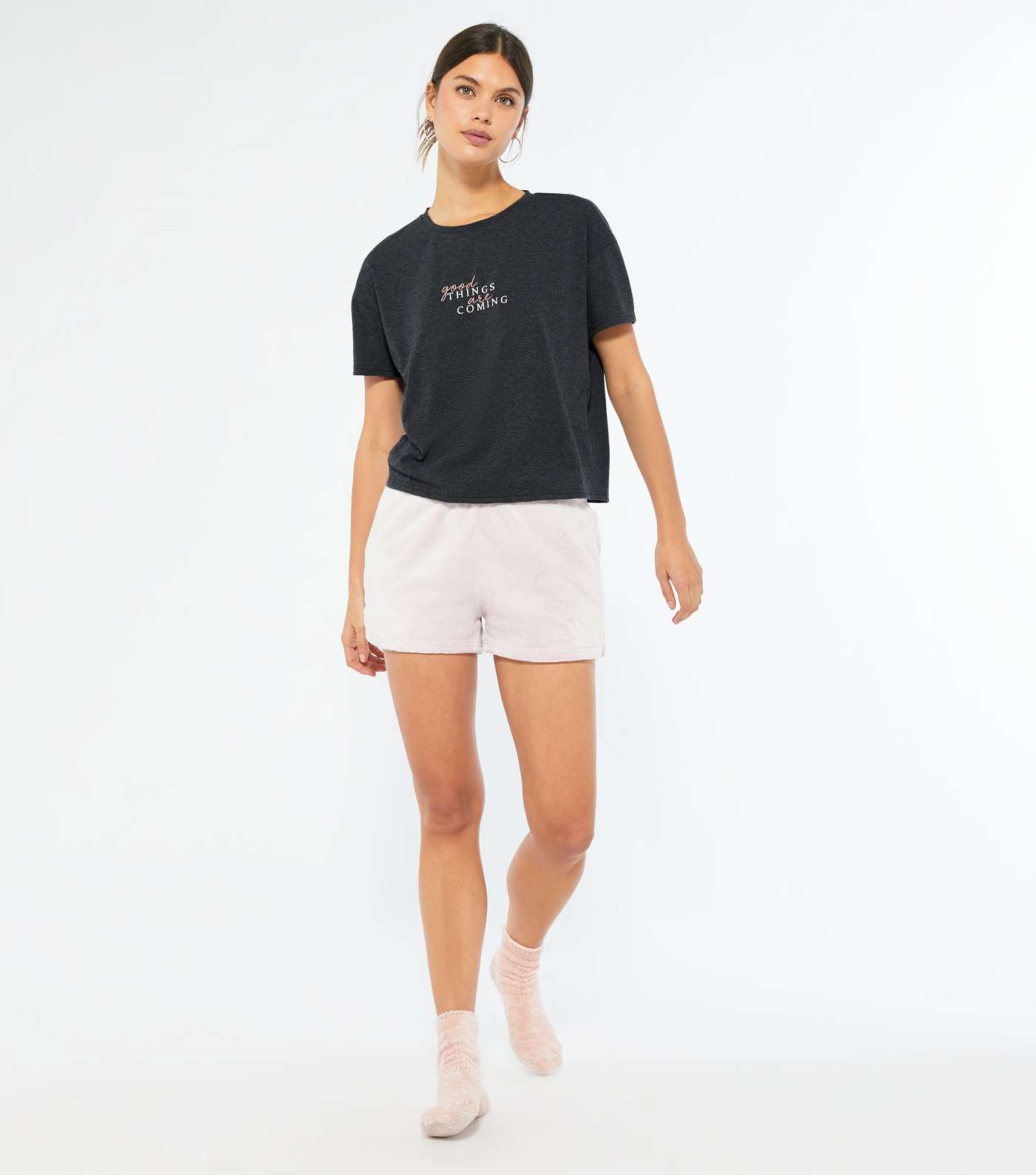Light Grey Positive Slogan Fleece Shorts Pyjama Set