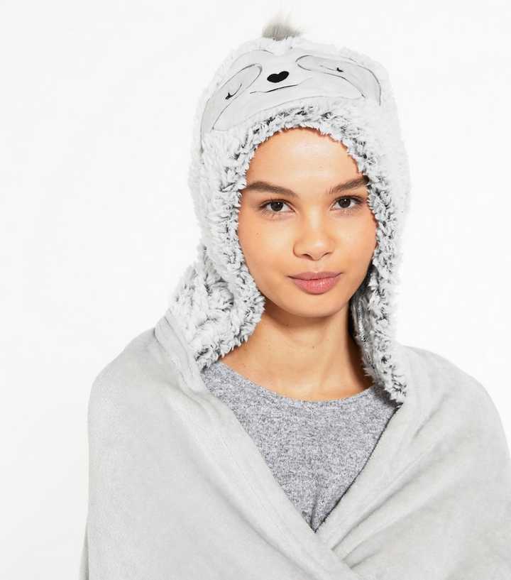 Dark Grey Sloth Teddy Blanket Hoodie | New Look