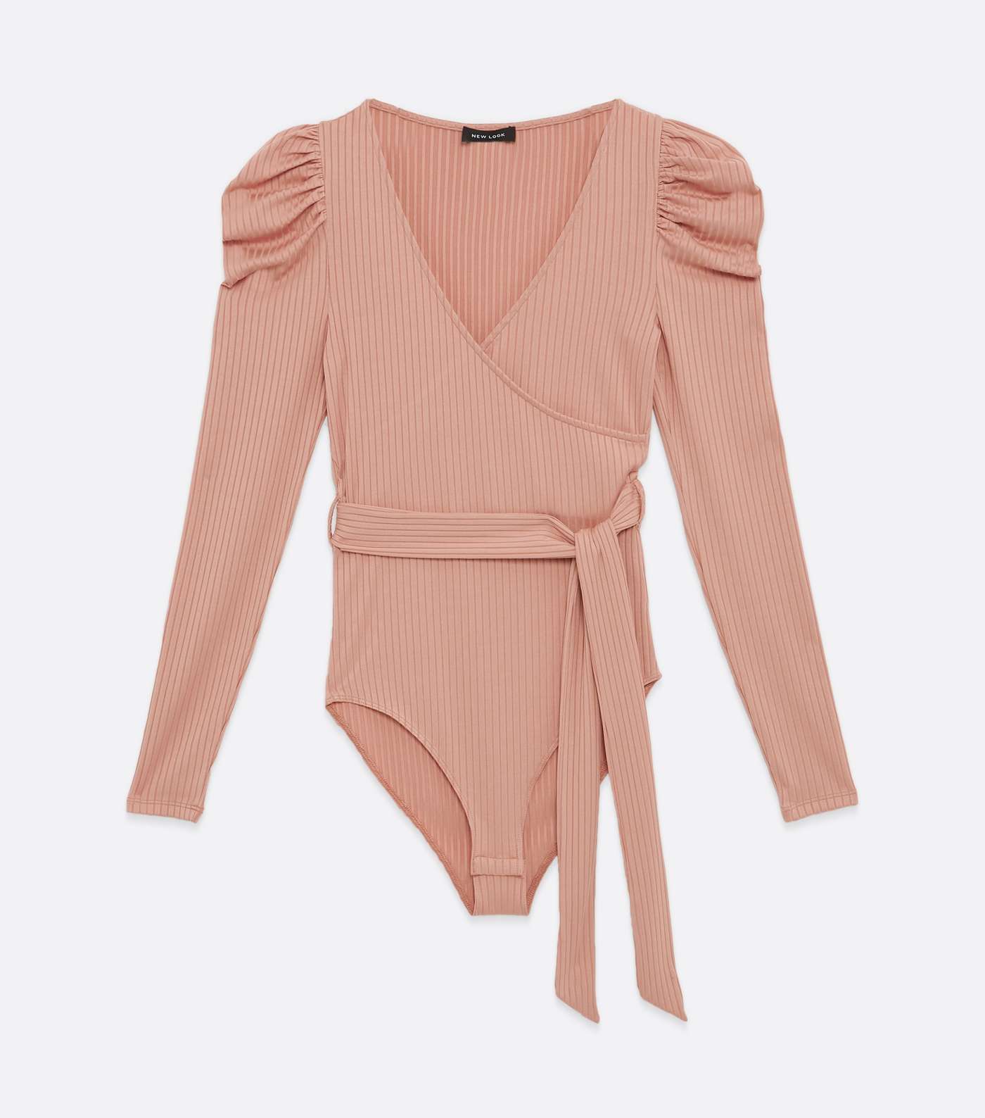 Pale Pink Ribbed Puff Sleeve Belted Bodysuit  Image 5