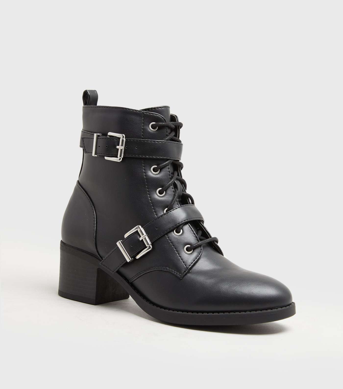 Black Buckle Lace Up Mid Heel Ankle Boots Image 2