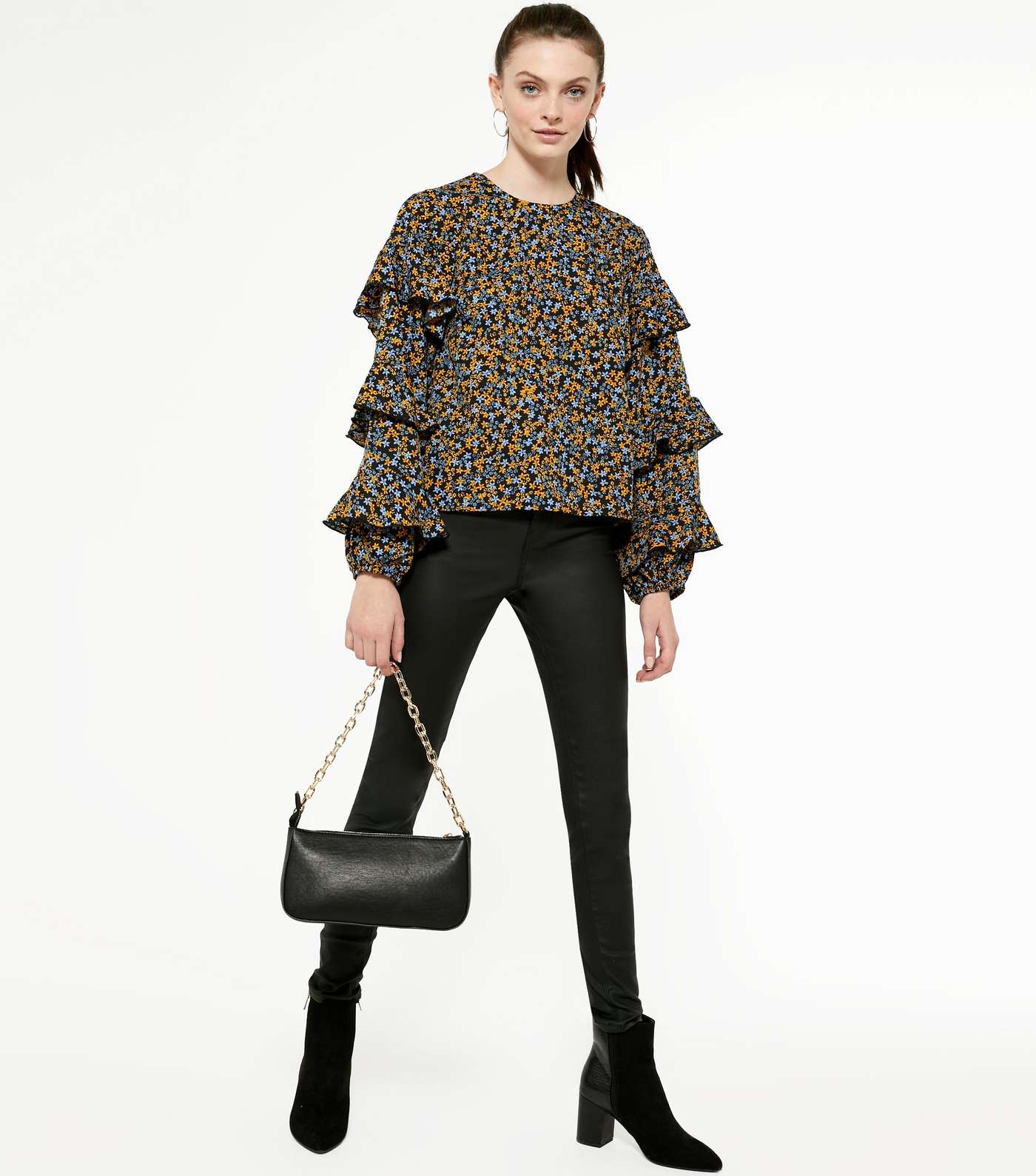 Black Floral Tiered Sleeve Blouse Image 2