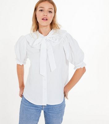 Off White Poplin Ruffle High Tie Neck 