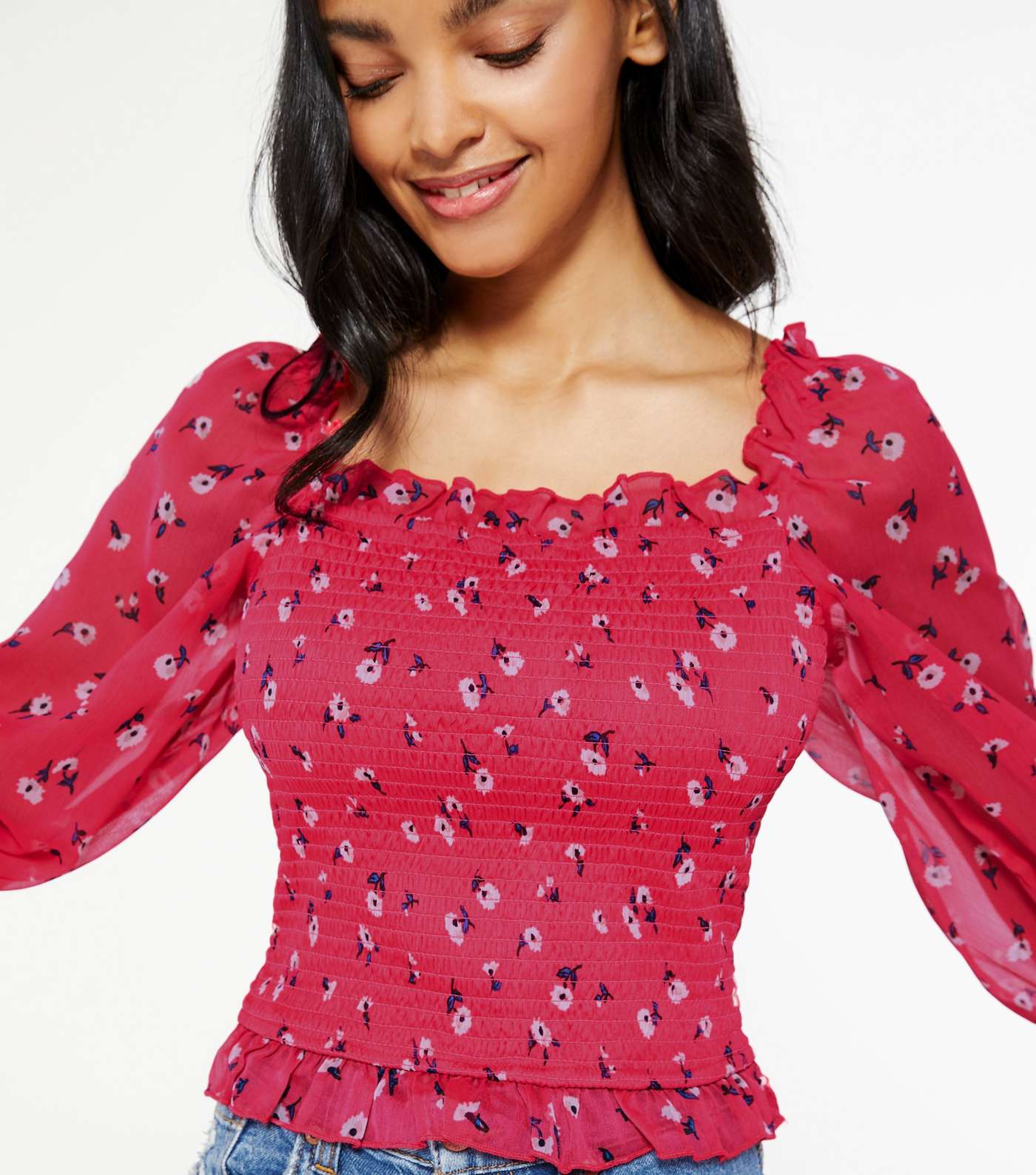 Red Floral Shirred Square Neck Blouse  Image 4