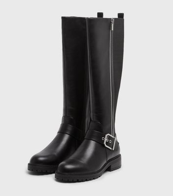 new look knee high chunky biker boot in black