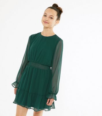 emerald green chiffon bardot ruffle tiered dress
