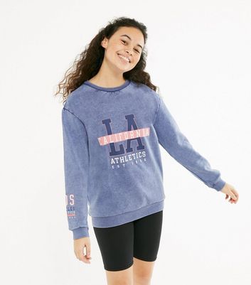 Girls Blue Acid Wash LA California Logo Sweatshirt New Look