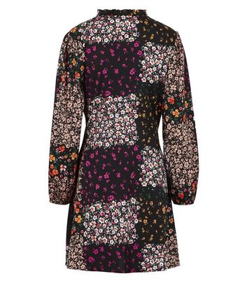 Image of Black Floral Patchwork Tie Side Wrap Dress New Look