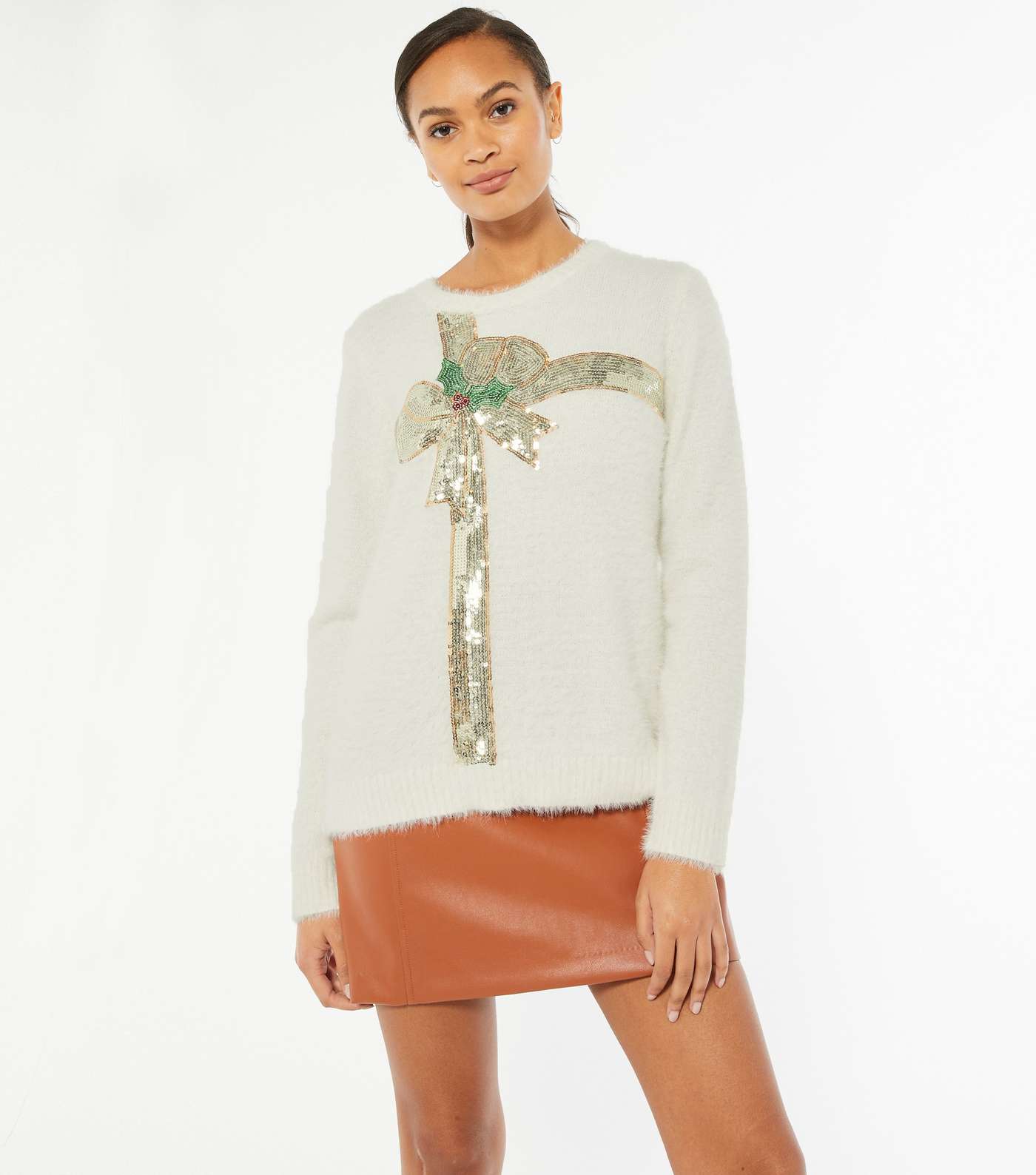White Sequin Bow Brushed Knit Christmas Jumper