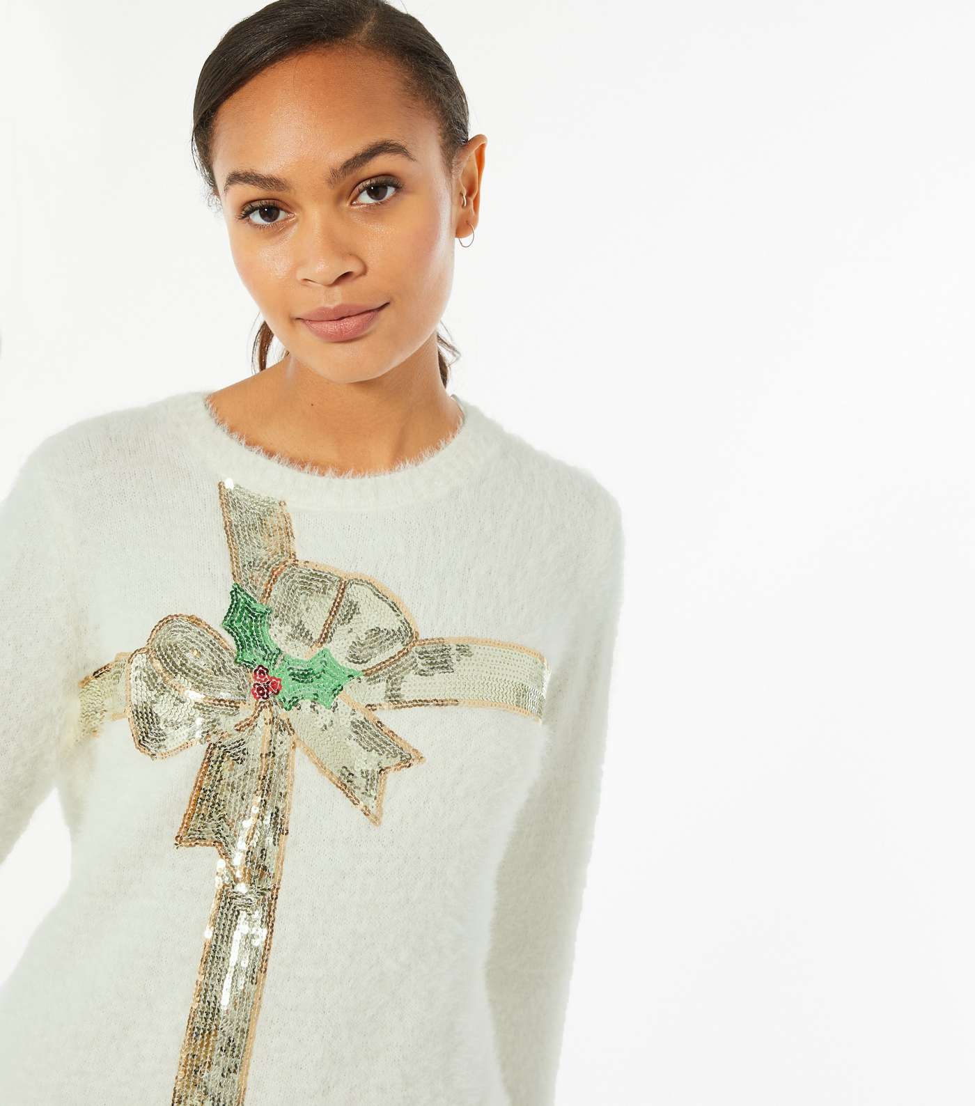 White Sequin Bow Brushed Knit Christmas Jumper Image 3
